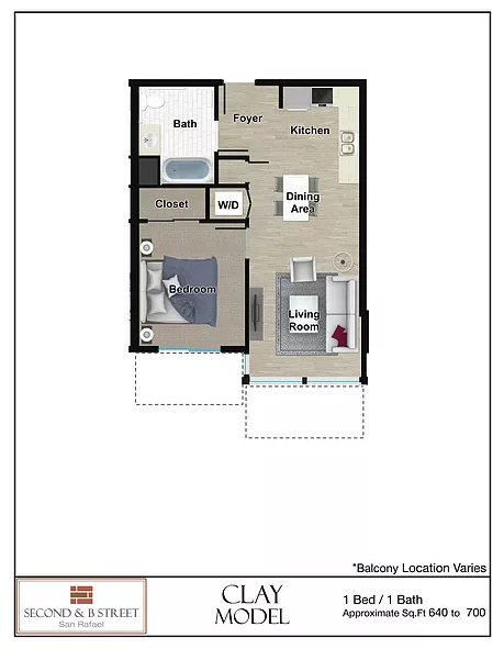 Clay model 1 bedroom 1 bath floorplan